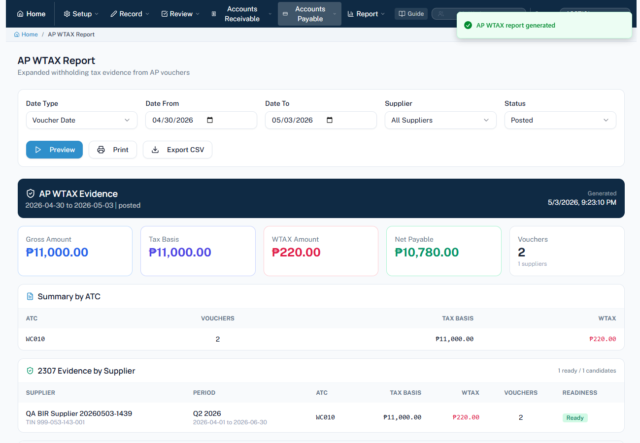 MaceSuite AP WTAX report screen